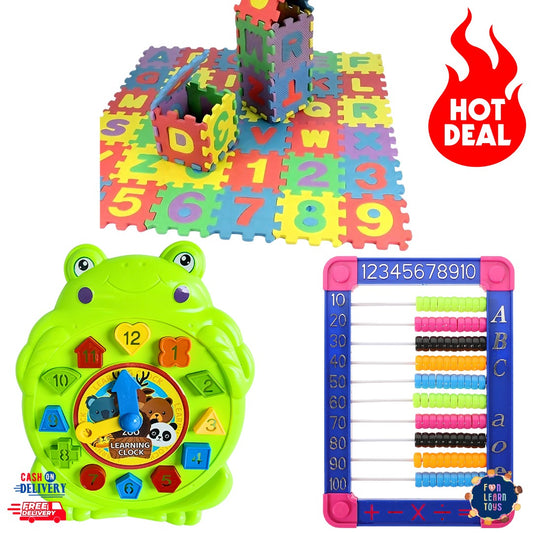 Math Booster Silver Bundle - Interactive Learning Clock, Abacus & Puzzle Mat